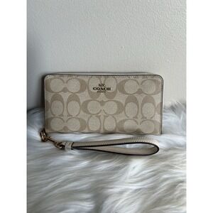 Coach Accordion‎ Zip Wallet Light Khaki Chalk Canvas Leather Wristlet Excellent